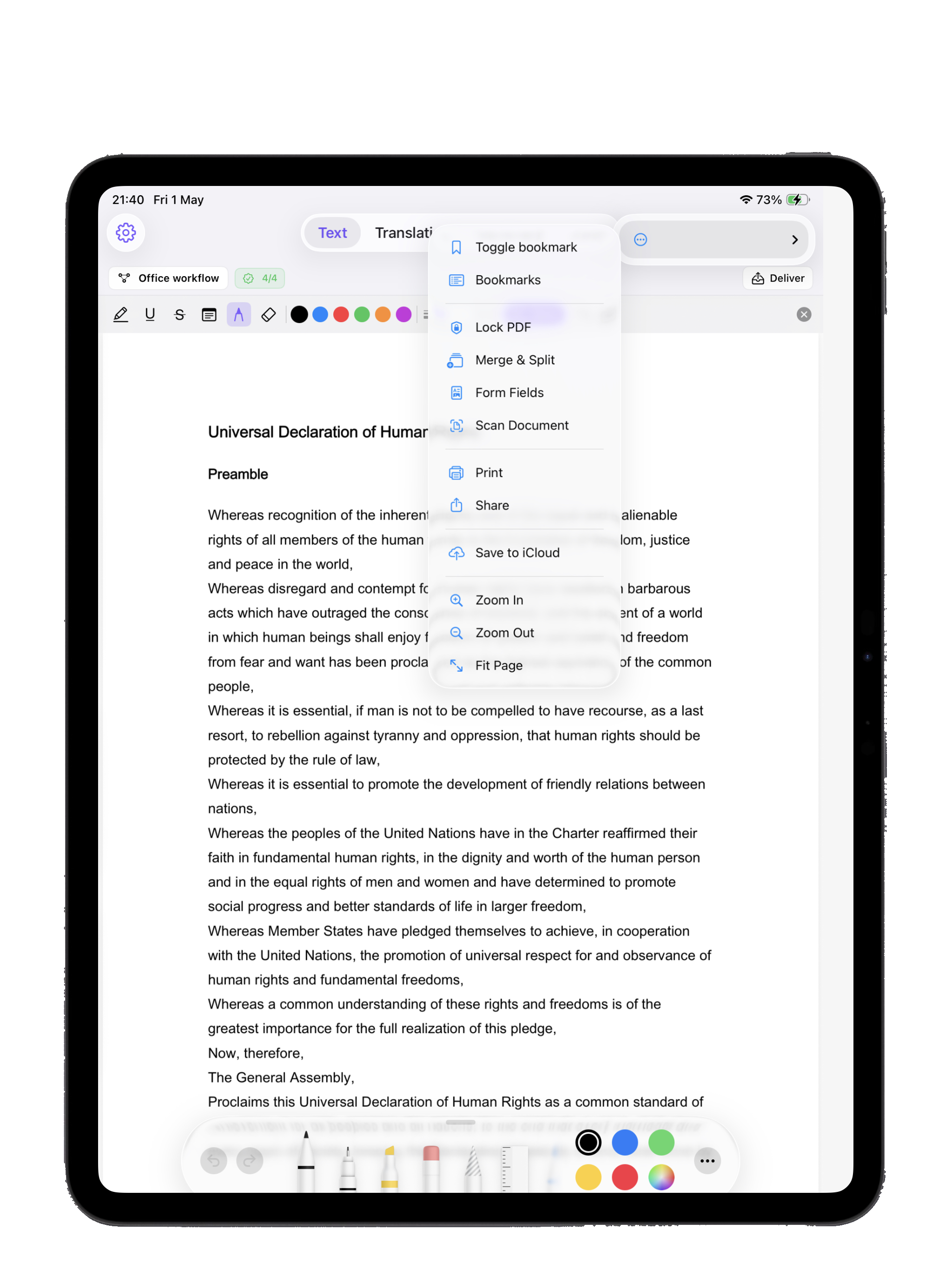 Quick actions menu on iPad: bookmark, lock, print, share