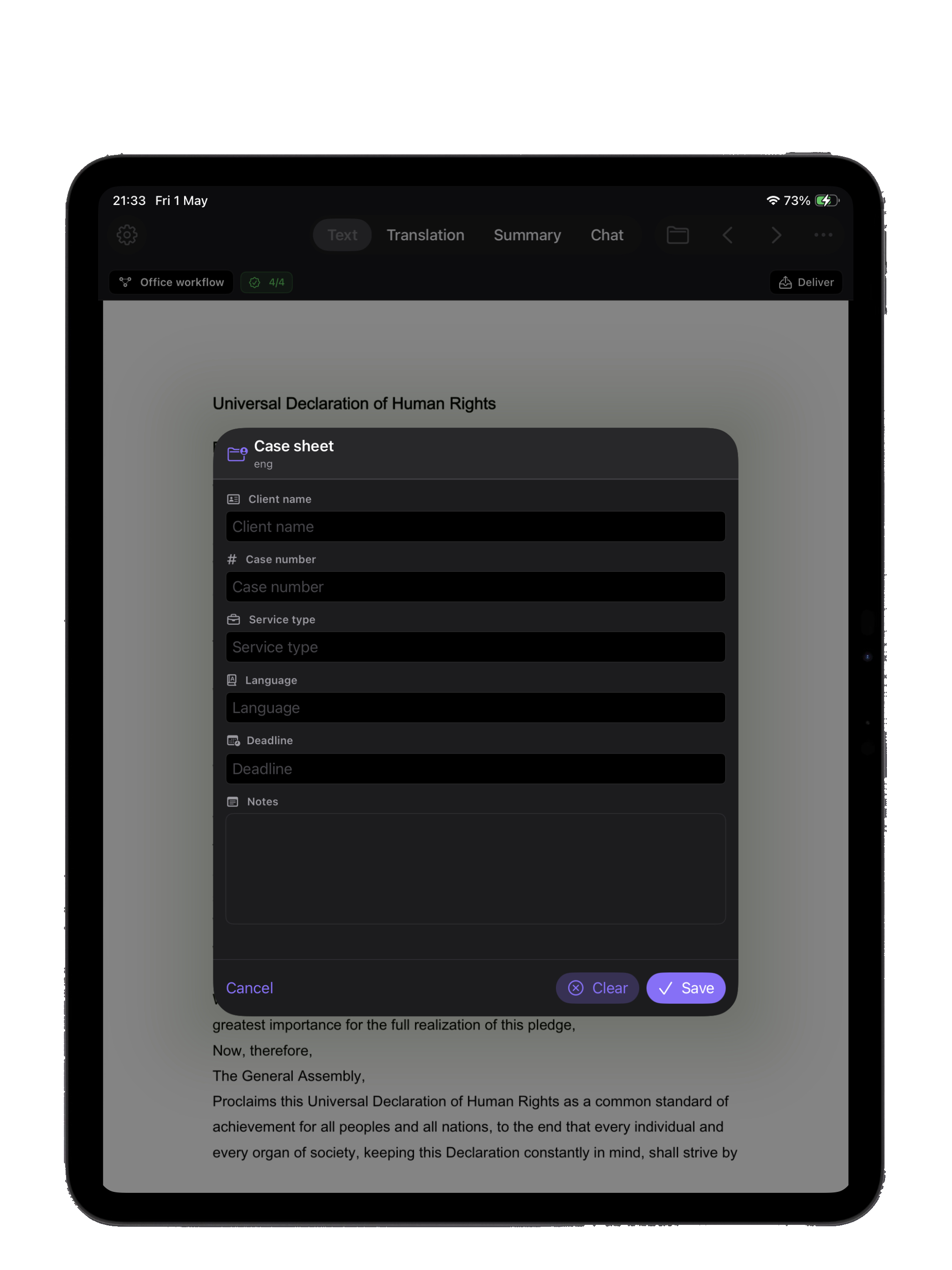 Office Case sheet form on iPad