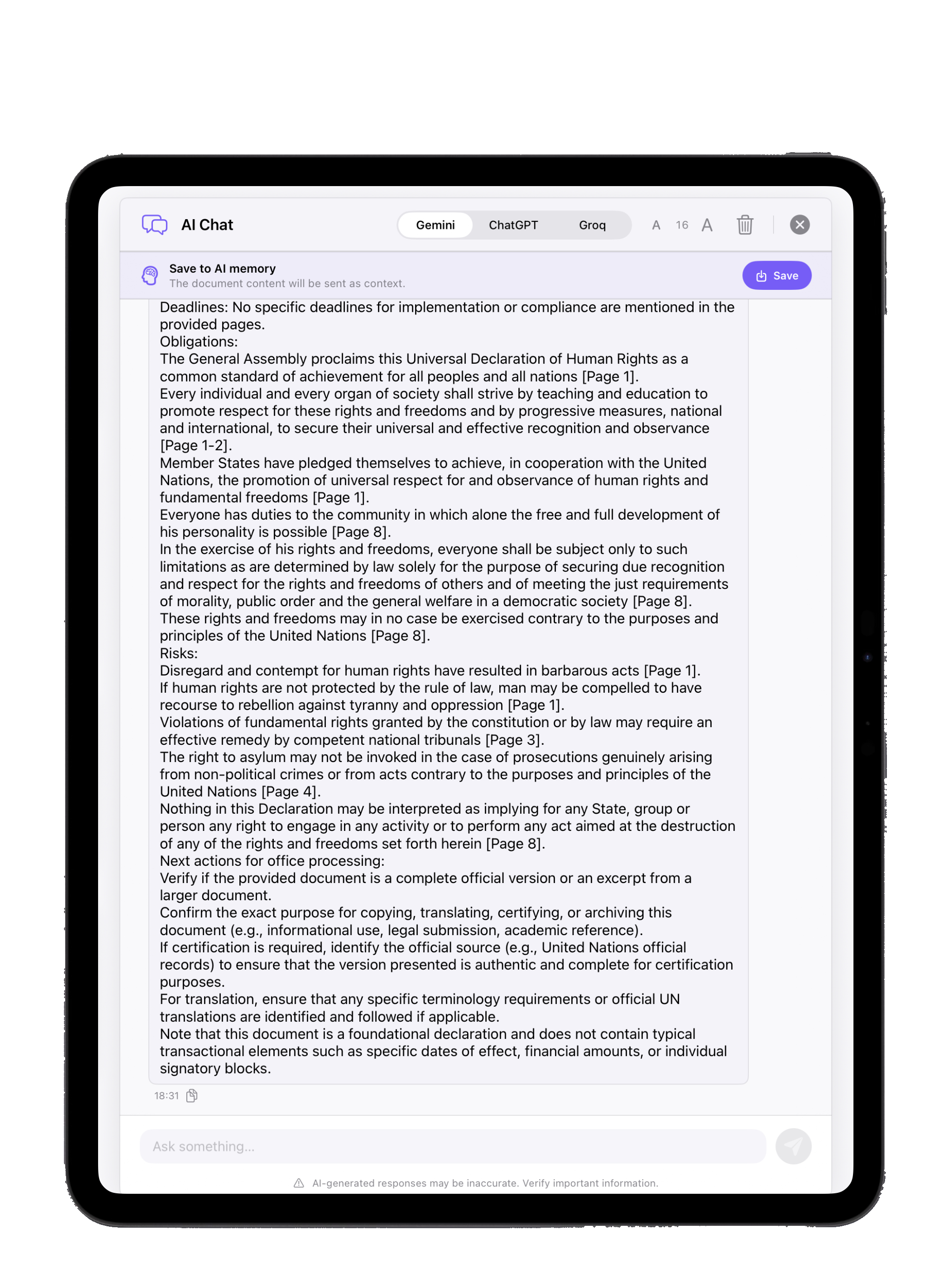 AI Chat with Save to AI memory on iPad