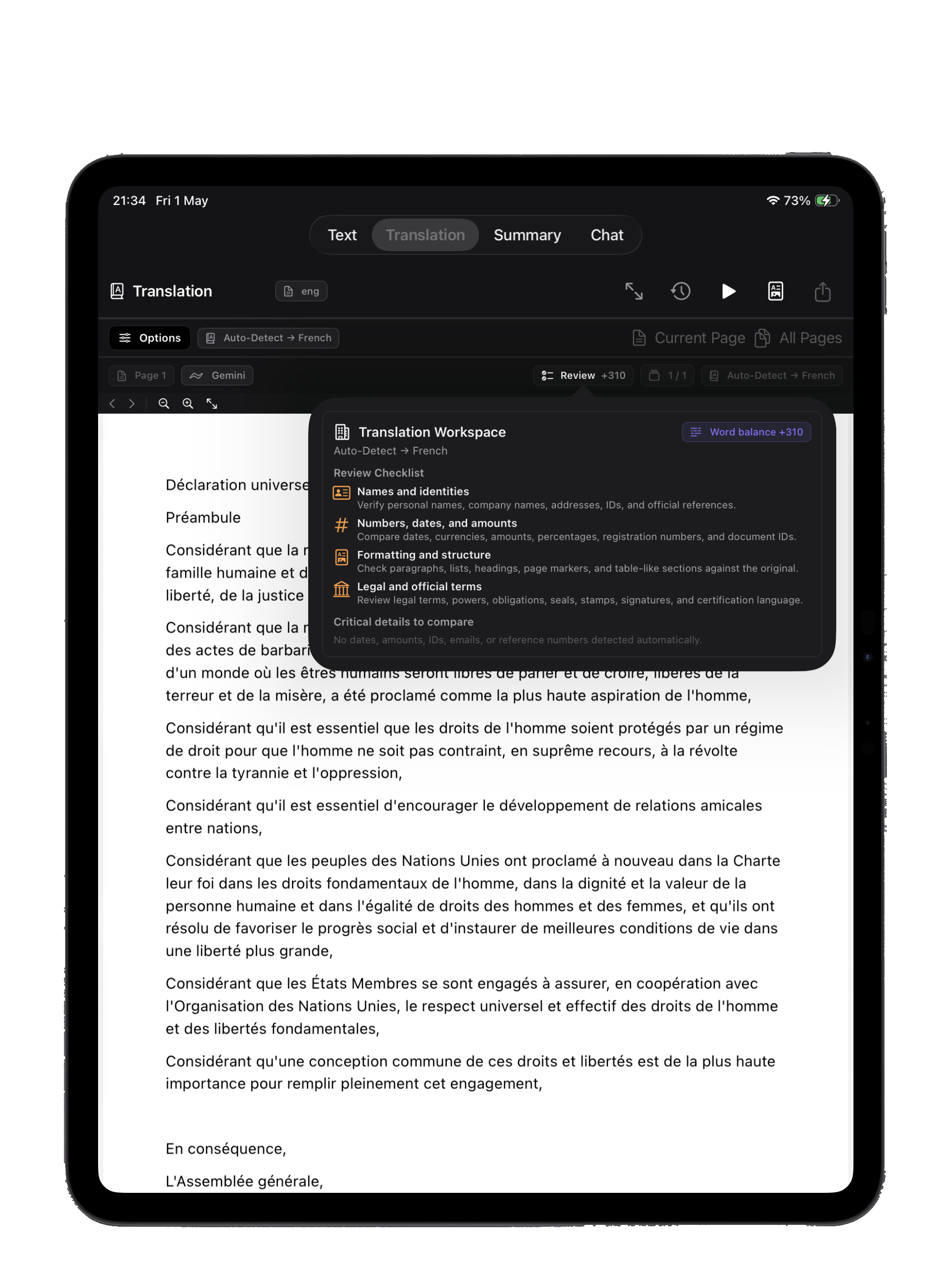 Translation Review with critical details on iPad