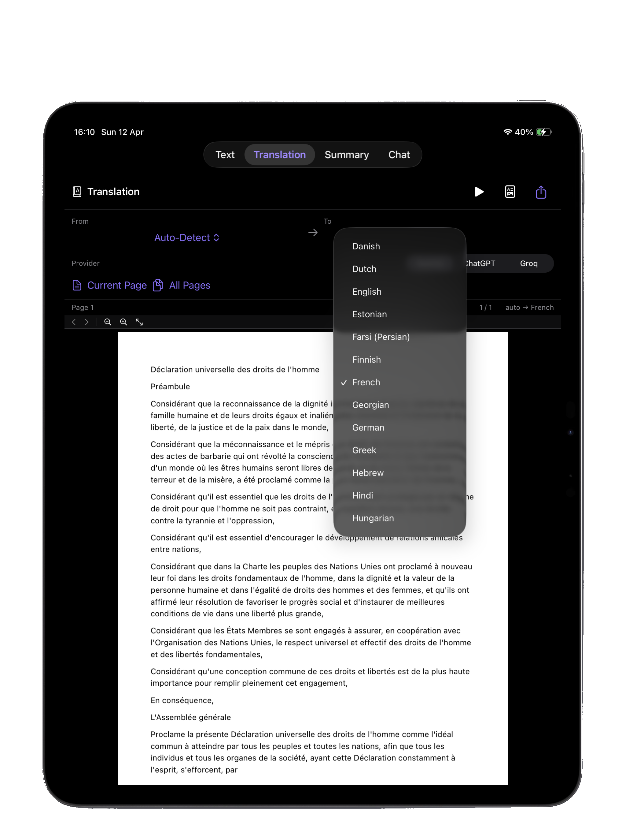 Translate PDF on iPad