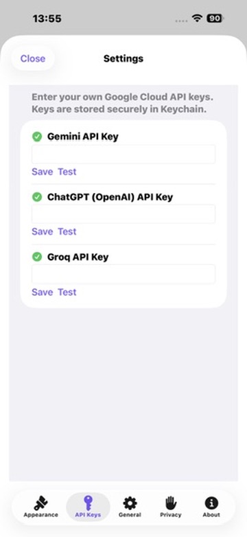 API Keys settings