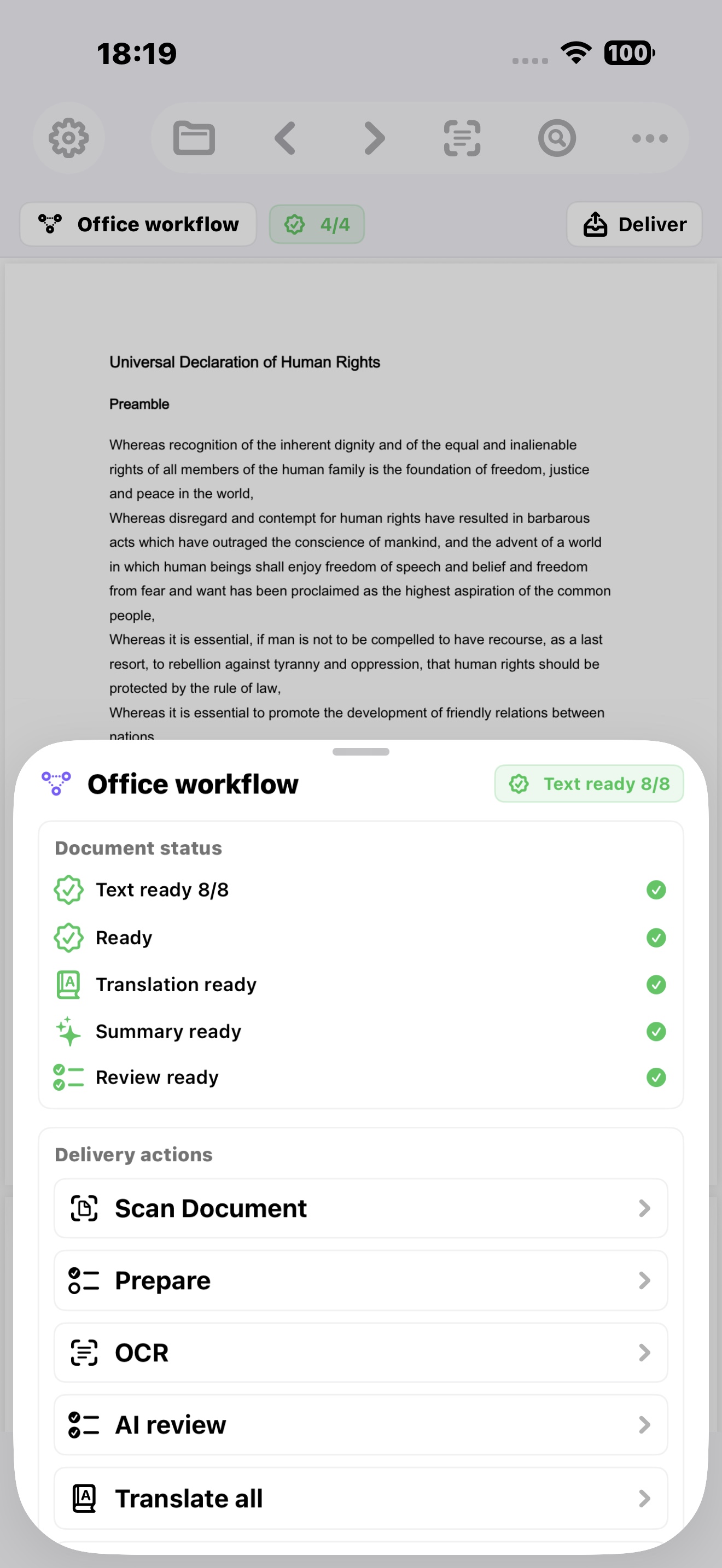 Office workflow with delivery actions on iPhone