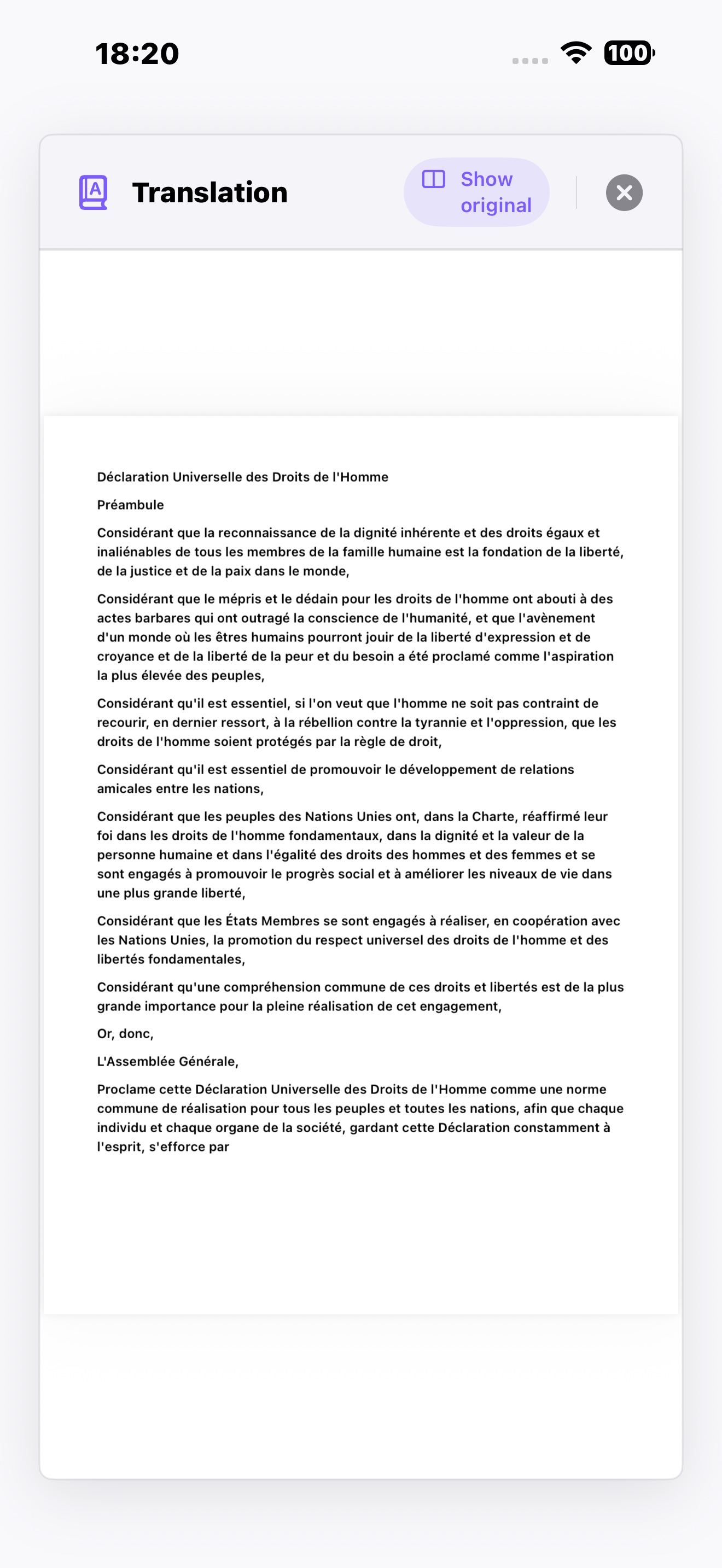 Full-screen translation result on iPhone
