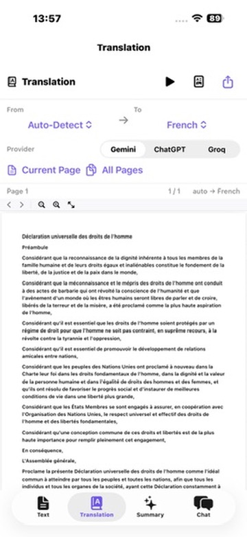 PDF AI Suite translating a document on iPhone