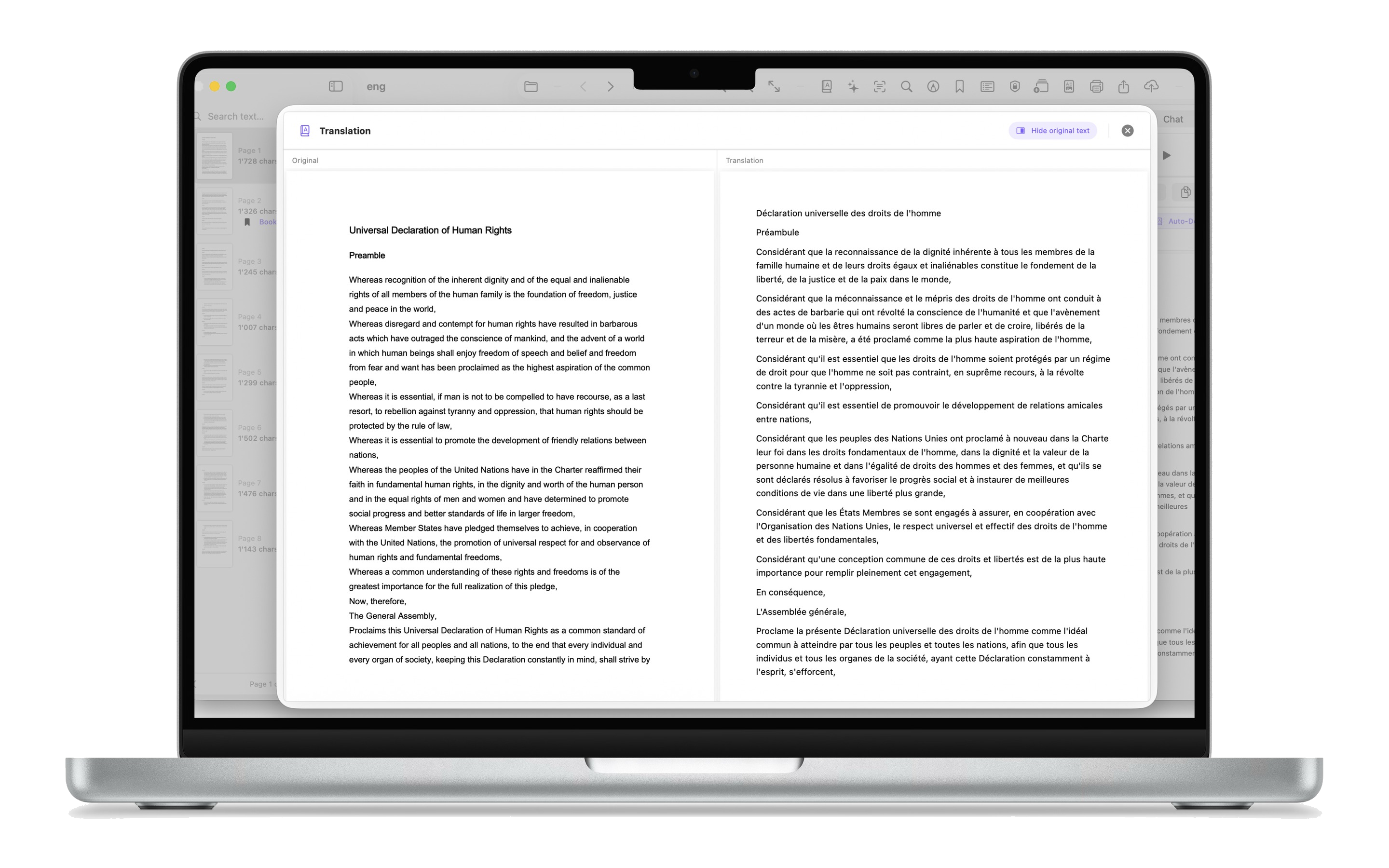 Translation panel with side-by-side text on Mac